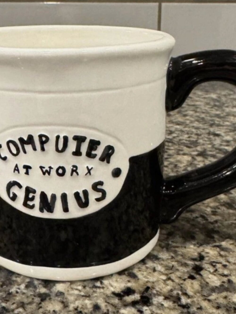 "Computer Genius at Worx” Coffee Tea Mug featuring a black and white design